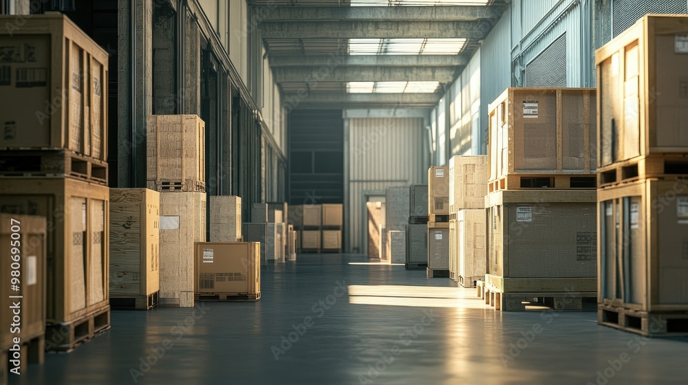 Crates and boxes in a loading bay, with room for shipping or logistics text. Crates and boxes in a loading bay, with room for shipping or logistics text.