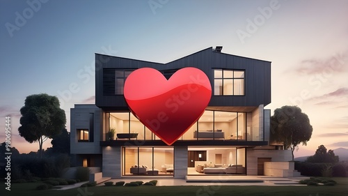 Contemporary house exterior with a large red heart symbol, representing love, family, and home togetherness in a modern architectural setting