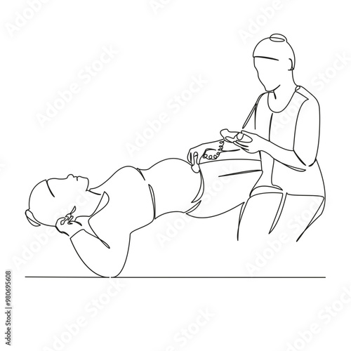 One continuous single drawing line art flat doodle doctor examines pregnant woman, listens to fetus, medical equipment. Isolated image hand draw contour on a white background

