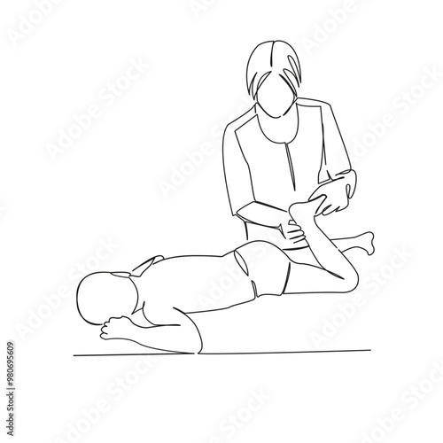 One continuous single drawing line art flat doodle exercises, osteopath, women, doctor, instructor, massage, child, masseur. Isolated image hand draw contour on a white background
