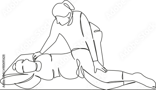 One continuous single drawing line art flat doodle exercises, horizontal, osteopath, women, doctor, instructor, pregnant, adult. Isolated image hand draw contour on a white background
