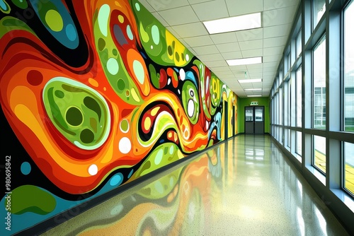Vibrant colorful abstract mural painting on school hallway wall