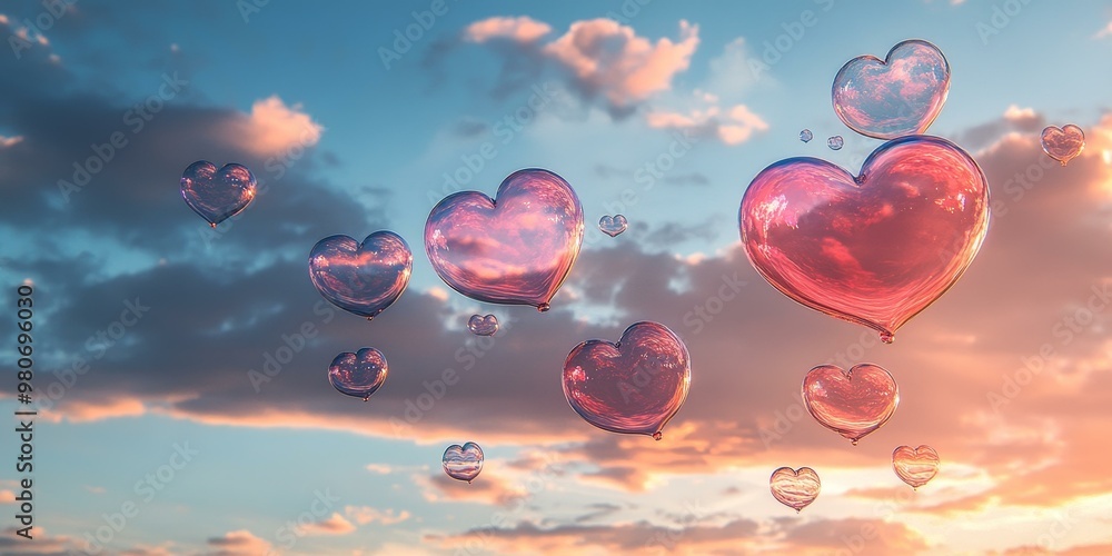 Heart-shaped bubbles floating in a pink sunset sky. Heart-shaped bubbles floating in a pink sunset sky.