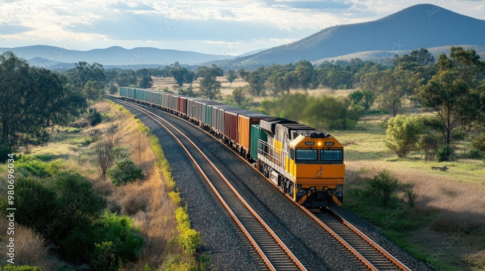 Freight train passing through a rural area, with ample space for logistics content or copy.