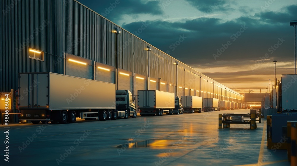 Freight trucks parked at a distribution center, with ample copy space for logistics content. Freight trucks parked at a distribution center, with ample copy space for logistics content.