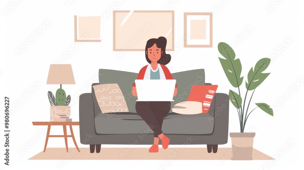 Woman Relaxing on Couch with Laptop in Cozy Living Room Woman Relaxing on Couch with Laptop in Cozy Living Room