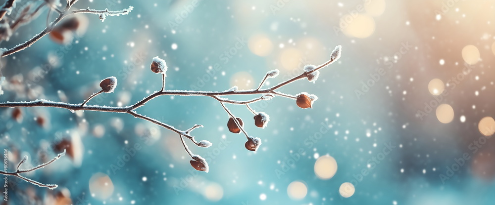Frosty tree branches with berries in magical winter snowfall Frosty tree branches with berries in magical winter snowfall