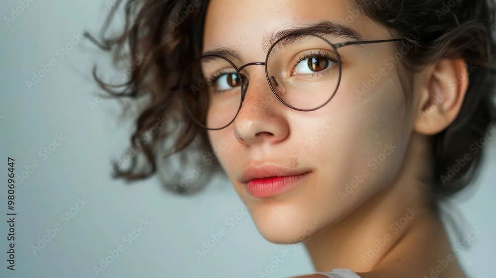 Young woman in glasses looks at camera Young woman in glasses looks at camera