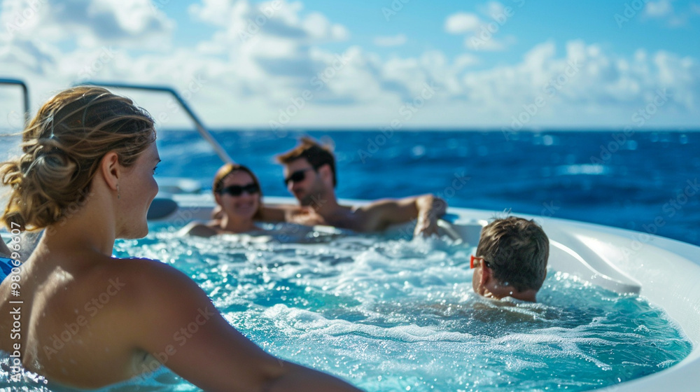 A medium close-up of passengers relaxing in an outdoor jacuzzi on the cruise liner, with clear blue skies and the vast ocean in the distance. A medium close-up of passengers relaxing in an outdoor jacuzzi on the cruise liner, with clear blue skies and the vast ocean in the distance.