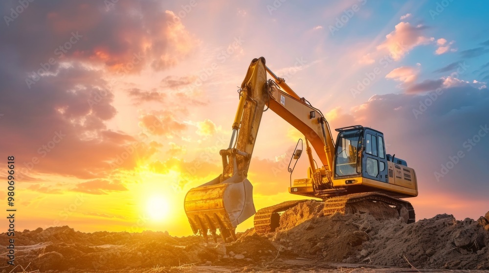 Obraz premium Excavator at Sunset: Construction Equipment in Golden Hour