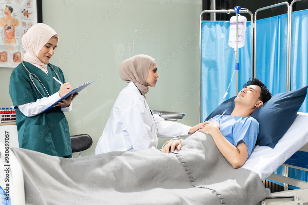 Doctor treatment patients in hospital room. Medical professionals help treat Sick people. Physical examination or flu. Concept Health care and Social Security Doctor treatment patients in hospital room. Medical professionals help treat Sick people. Physical examination or flu. Concept Health care and Social Security