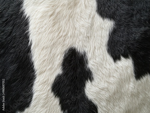 Close up of black and white cow fur pattern, showcasing unique textures and colors that create striking visual appeal