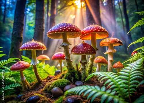 Vibrant colorful magic mushrooms grow in clusters on damp forest floor surrounded by lush greenery and ferns, showcasing nature's vibrant beauty and mystique. photo