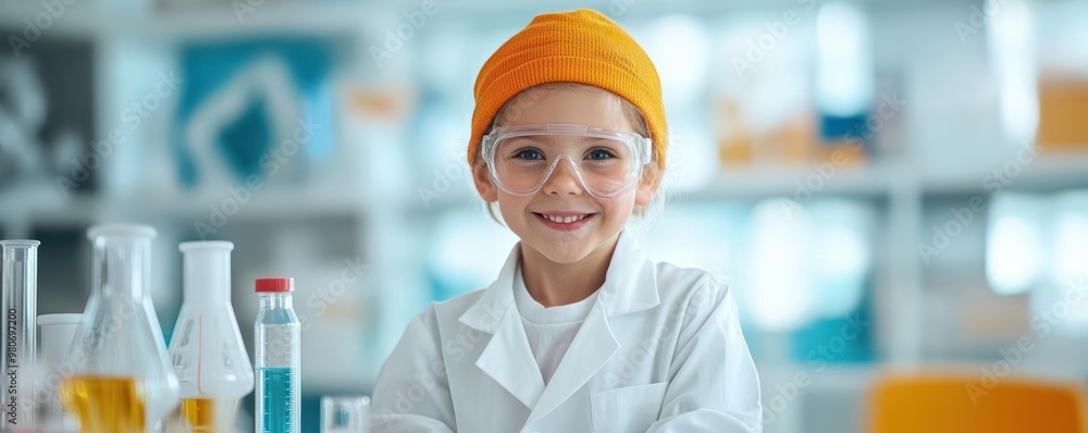 Child dressed as a scientist in a vibrant lab full of fantastical inventions and colorful chemical reactions Child dressed as a scientist in a vibrant lab full of fantastical inventions and colorful chemical reactions