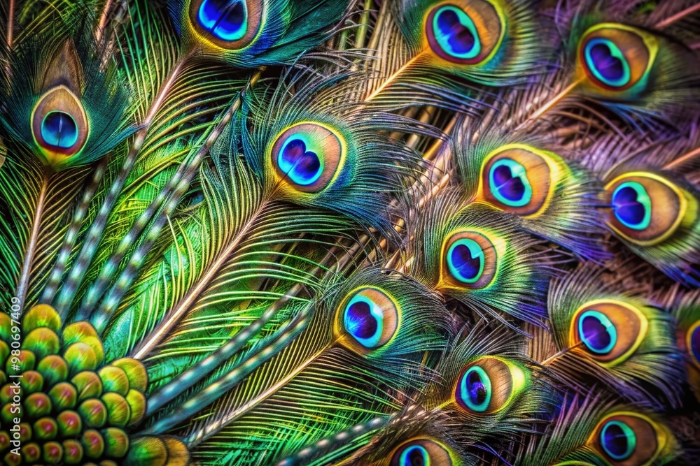 Fototapeta premium Vibrant peacock feathers in stunning close-up, showcasing intricate patterns and iridescent colors, adding an extravagant touch to any setting with their exquisite beauty.