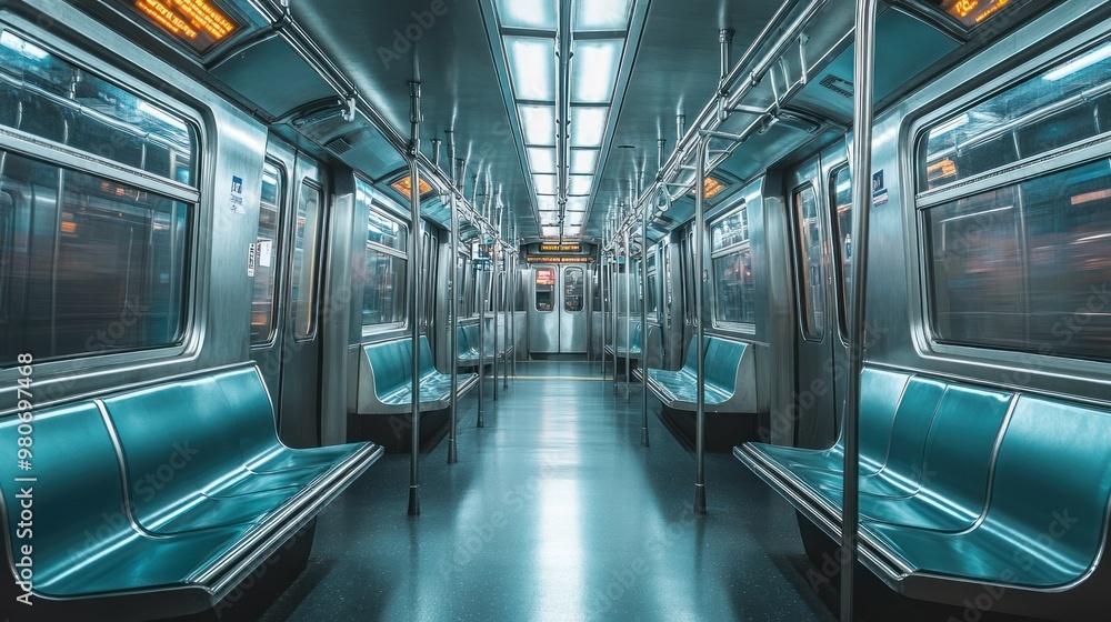 Obraz premium A spacious subway train interior with empty seats and modern lighting.