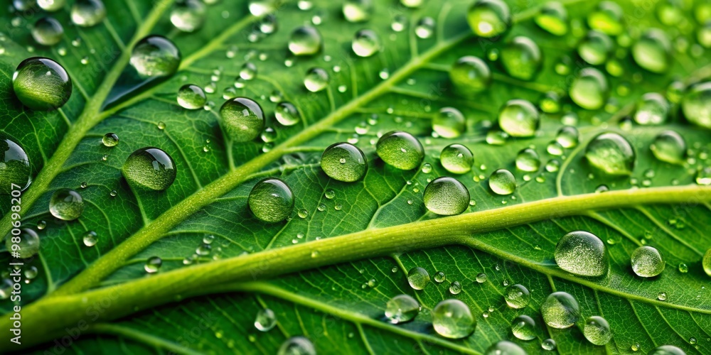 Macro shot of a single large green leaf with tiny water droplets glistening on its surface, creating a beautiful natural abstract background with soft focus effect. Macro shot of a single large green leaf with tiny water droplets glistening on its surface, creating a beautiful natural abstract background with soft focus effect.