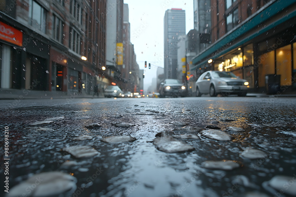 Rainy city street from ground level. Wet asphalt with puddles reflecting urban lights Rainy city street from ground level. Wet asphalt with puddles reflecting urban lights