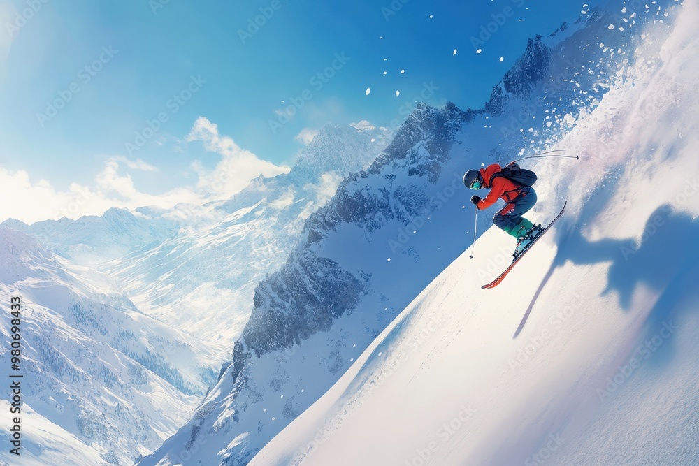 A skier gracefully descends a snowy mountain slope under a clear blue sky. A skier gracefully descends a snowy mountain slope under a clear blue sky.