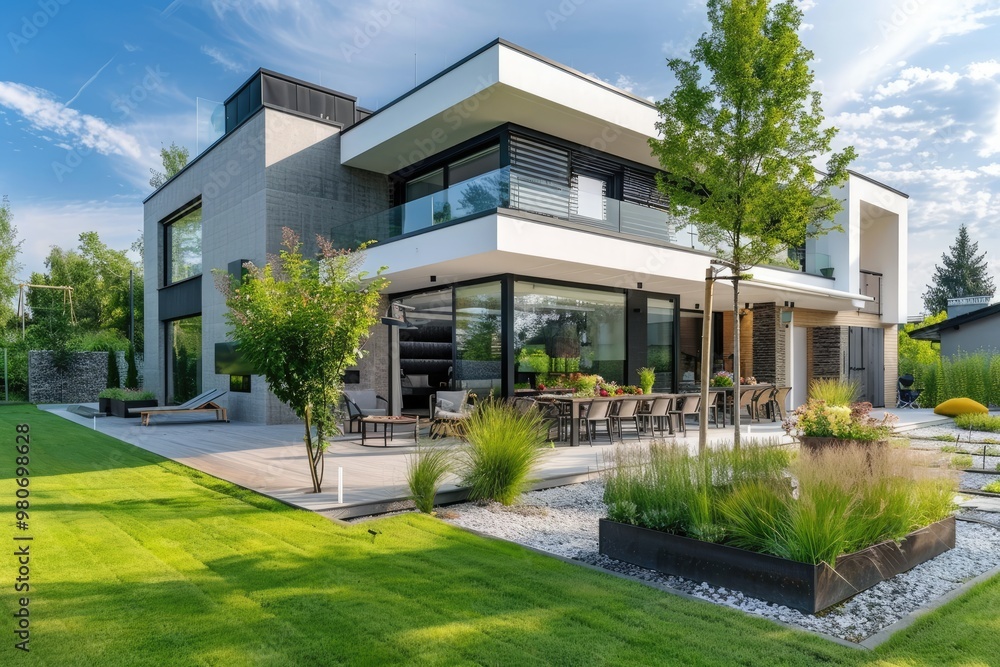 View of luxurious modern house exterior with dining space and garden. View of luxurious modern house exterior with dining space and garden.