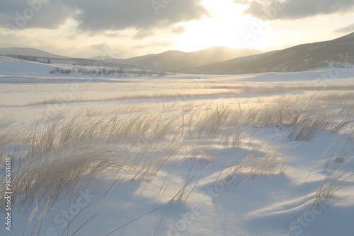 Snowy mountain valley at golden hour. Sunlit winter landscape with grass and distant peaks