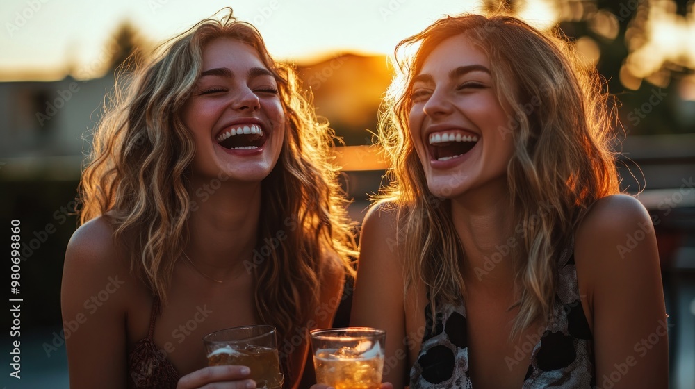 Two women laughing together at sunset, enjoying drinks in a joyful moment. Two women laughing together at sunset, enjoying drinks in a joyful moment.