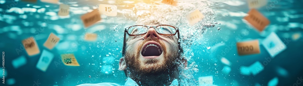 Fototapeta premium A man struggles underwater, surrounded by floating objects, capturing a moment of desperation and chaos in a creative setting.