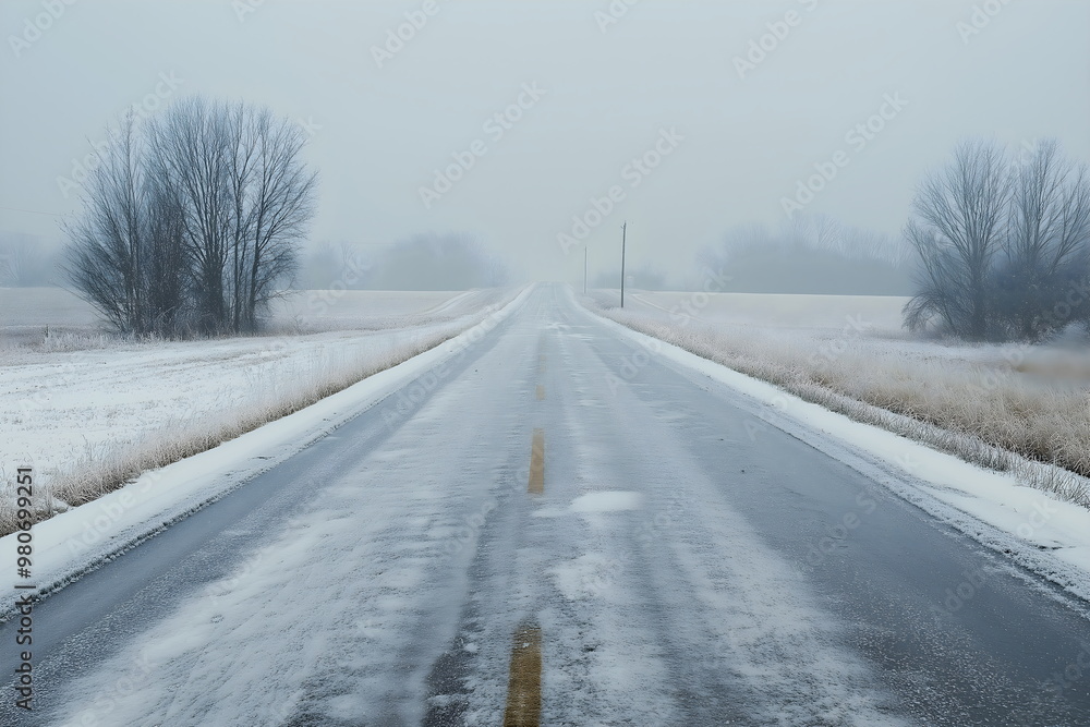 Straight road through fields with thin layer of snow and ice Straight road through fields with thin layer of snow and ice