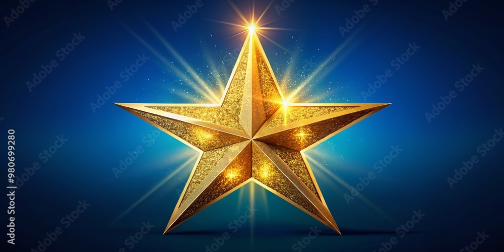 Fototapeta premium Shining gold star isolated on a vibrant blue background, created using AI technology, with intricate details and subtle shadows, perfect for awards and recognition themes.