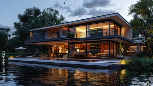 Modern house by the river at evening.