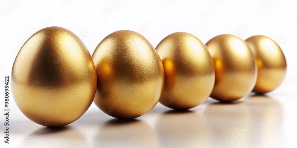 Golden eggs in a row, surrounded by a sphere of success, standing out from the crowd, symbolizing individuality and achievement in a unique business concept. Golden eggs in a row, surrounded by a sphere of success, standing out from the crowd, symbolizing individuality and achievement in a unique business concept.