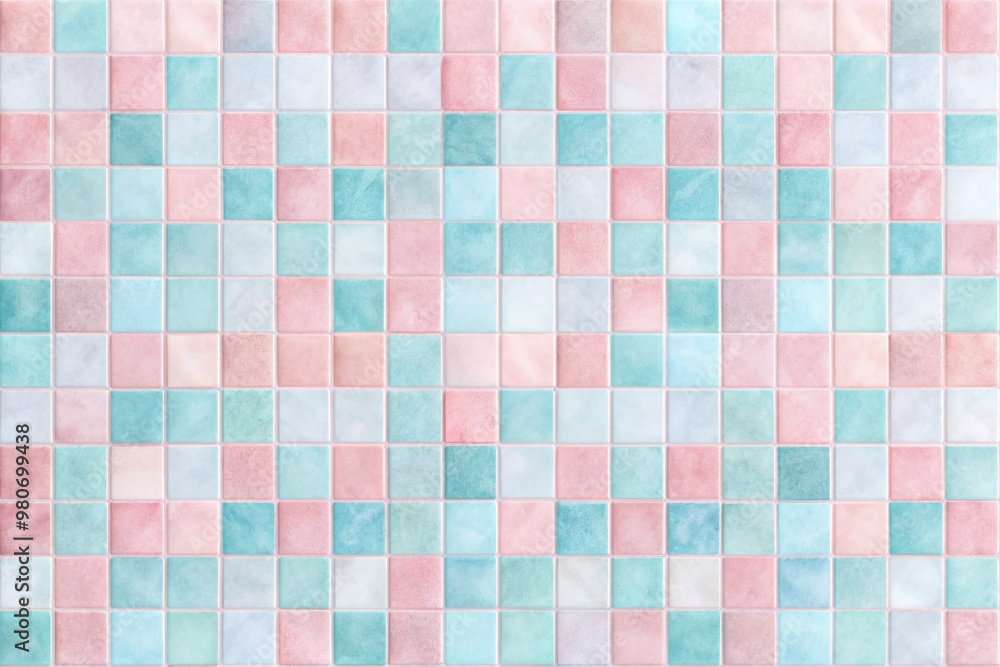 Soft pink and blue pastel hues mingle in a mesmerizing checkered mosaic tile pattern, creating a calming and visually striking textured wall background. Soft pink and blue pastel hues mingle in a mesmerizing checkered mosaic tile pattern, creating a calming and visually striking textured wall background.