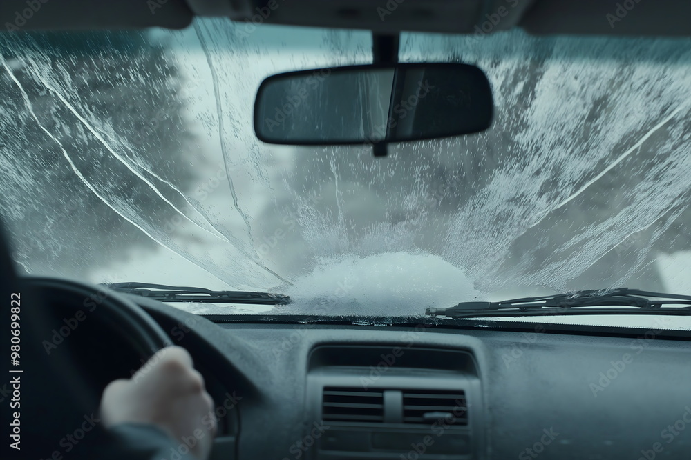 Obraz premium Icy windshield view from inside car. Transportation safety awareness and cold weather automotive content