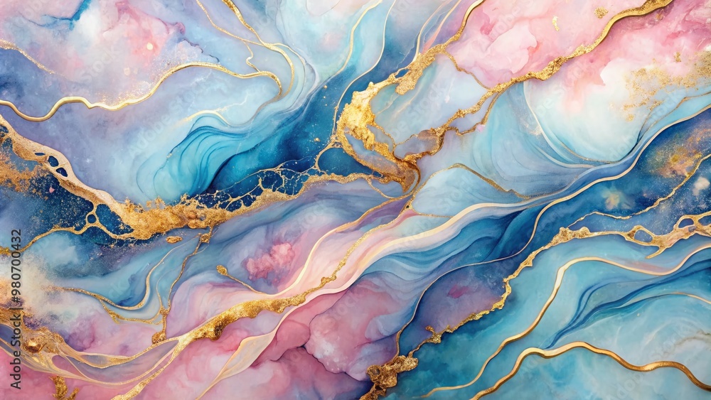 Soft pastel pink and blue hues blend in abstract watercolor paint background with golden lines, fluid marbled paper texture, and intricate liquid flows. Soft pastel pink and blue hues blend in abstract watercolor paint background with golden lines, fluid marbled paper texture, and intricate liquid flows.