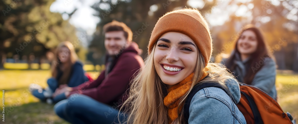 Joyful young woman with friends enjoying autumn day in park Joyful young woman with friends enjoying autumn day in park