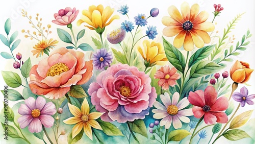 Delicate watercolor flowers bloom in vibrant colors, intricately arranged to represent spring's gentle awakening and summer's radiant warmth in a whimsical, hand-painted illustration.