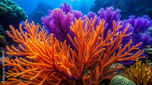 Vibrant orange and purple sea coral majestically unfurls its delicate fan-shaped branches, showcasing intricate textures and mesmerizing patterns in a breathtaking underwater close-up scene. photo