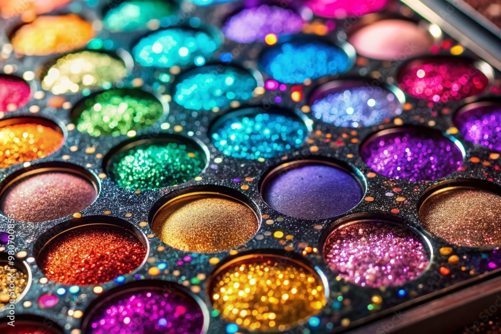 Vibrant eyeshadow palette featuring intricate texture, subtle gradients, and sprinkles of glitter, showcasing a mesmerizing play of colors and light in high-definition detail. Vibrant eyeshadow palette featuring intricate texture, subtle gradients, and sprinkles of glitter, showcasing a mesmerizing play of colors and light in high-definition detail.