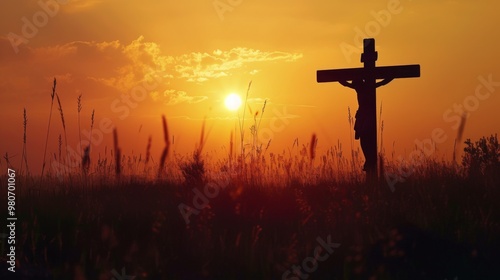 Cross Silhouette Against Dramatic Sunset Sky