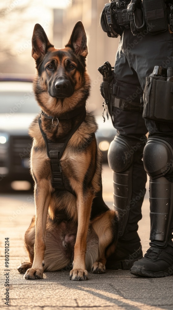 Police dog, German Shepherd with handler, service canine on duty, protection, working dog law enforcement concept Police dog, German Shepherd with handler, service canine on duty, protection, working dog law enforcement concept