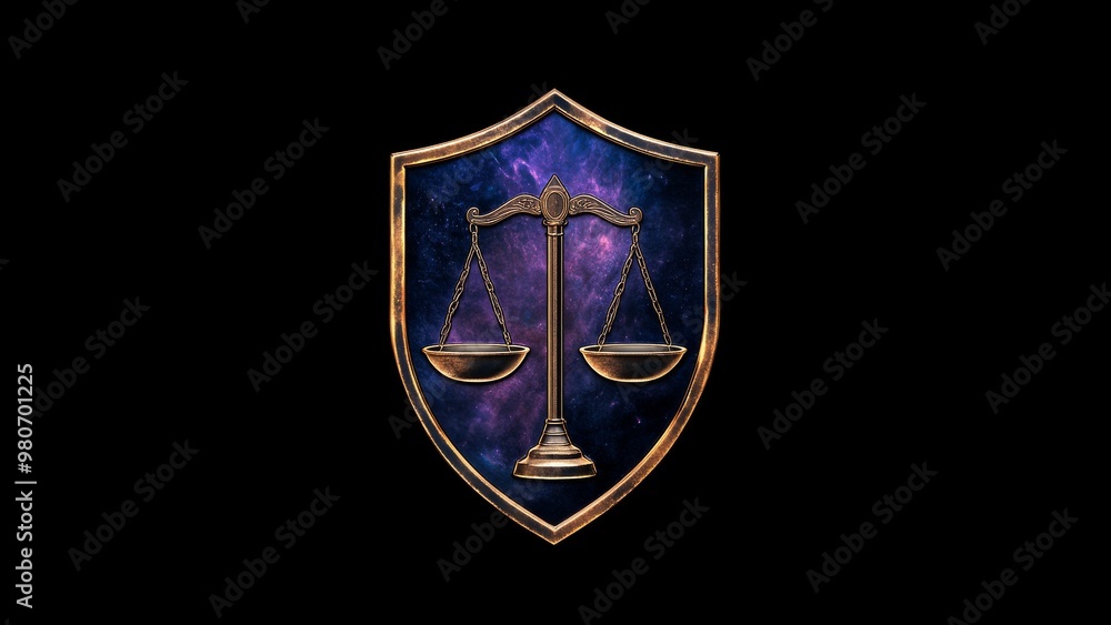 Balanced scales of justice centered within a shield outline The scales ...