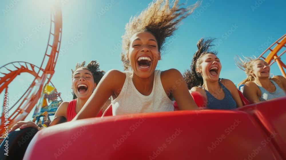 Obraz premium Group of friends enjoying an exhilarating roller coaster ride, laughing and having fun, amusement park concept