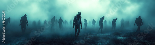 “A Group of Zombies in the Fog Walking Towards the Camera in a Dark and Eerie Atmosphere” 