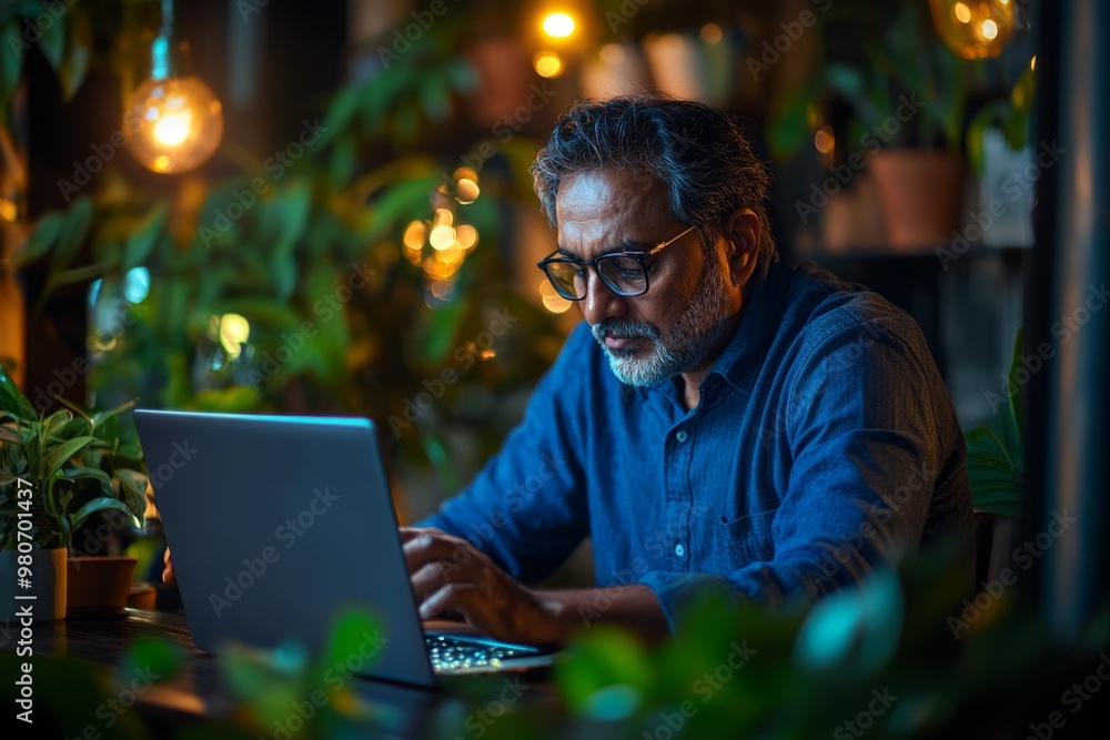 Man working on laptop, glasses, blue shirt, indoor lighting, plants around, focused expression, home office setup, nighttime, warm lighting, workspace inspiration concept Man working on laptop, glasses, blue shirt, indoor lighting, plants around, focused expression, home office setup, nighttime, warm lighting, workspace inspiration concept
