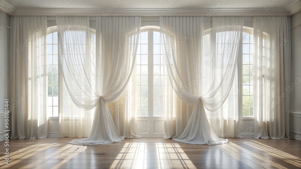 Soft, white curtains undulate like mist in the radiant glow of a sunlit room, their gentle flow a Soft, white curtains undulate like mist in the radiant glow of a sunlit room, their gentle flow a