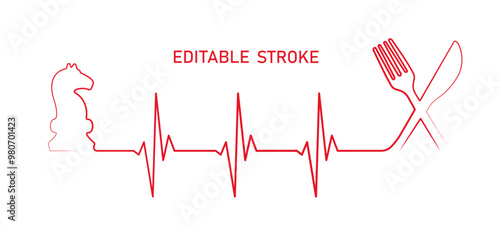 Editable lines diete strategy illustration with fork, knife, chess piece. Heartbeat line art vector design to use for healthcare, weight loss, healthy lifestyle, healthy food, dieting projects. 