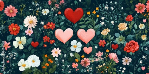 Wallpaper Mural Floral pattern with red, pink, and yellow hearts. Torontodigital.ca