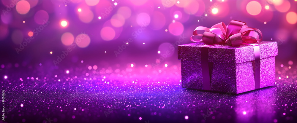 Fototapeta premium Purple gift box with ribbon on glittery background. Festive atmosphere for special occasions and celebrations. Banner with copy space