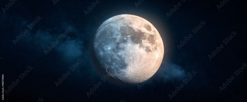 Fototapeta premium Detailed view of moon surface with ethereal blue glow against starry sky