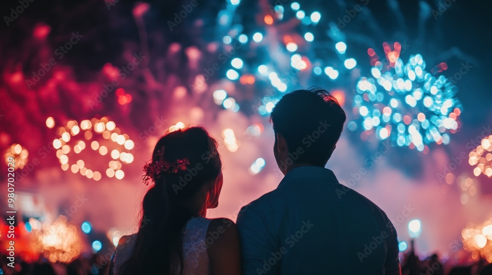A couple watching a vibrant fireworks display at night, celebrating a special moment together. A couple watching a vibrant fireworks display at night, celebrating a special moment together.